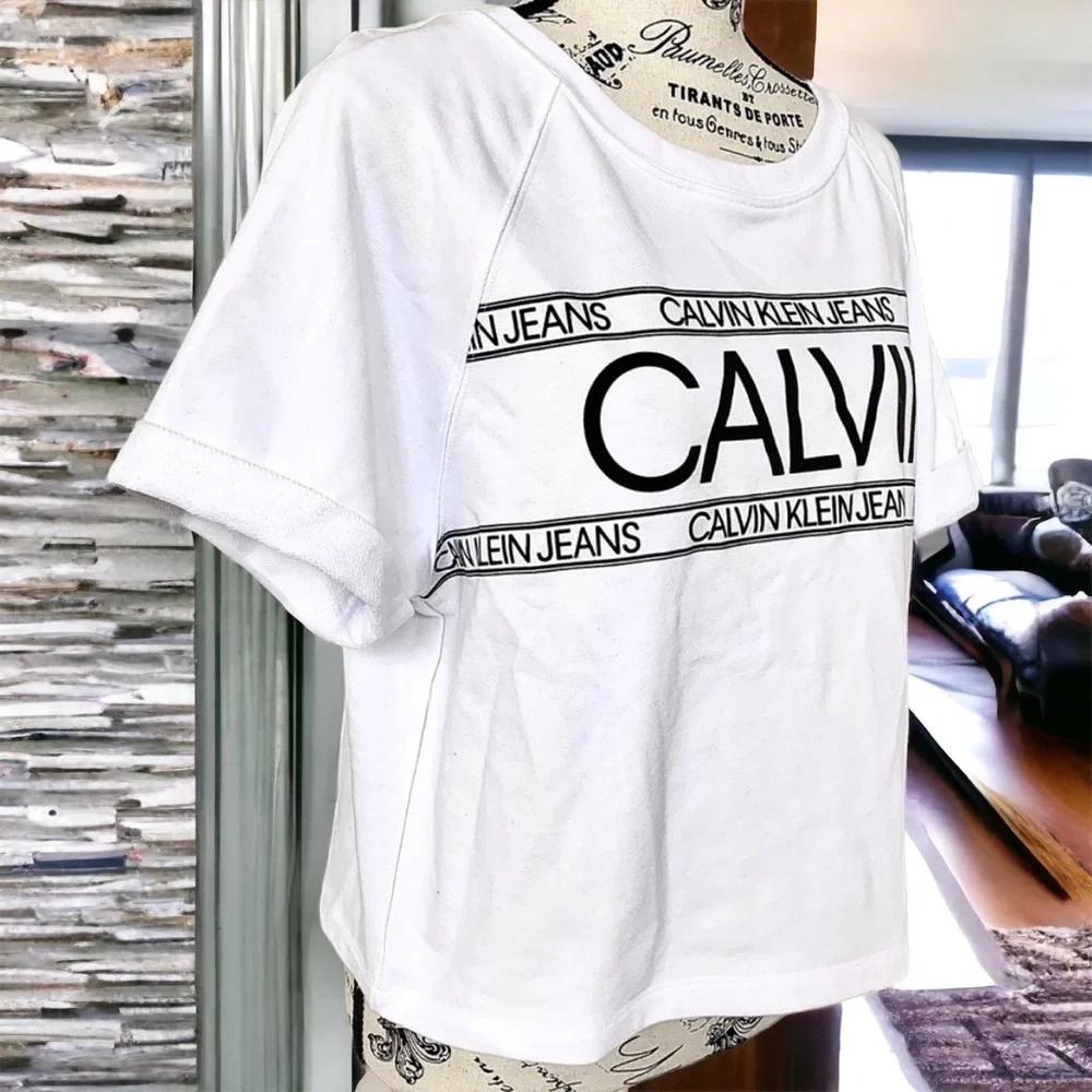 NWT Calvin Klein White Logo Short Sleeve Crop Top Size Large - Picture 5 of 13